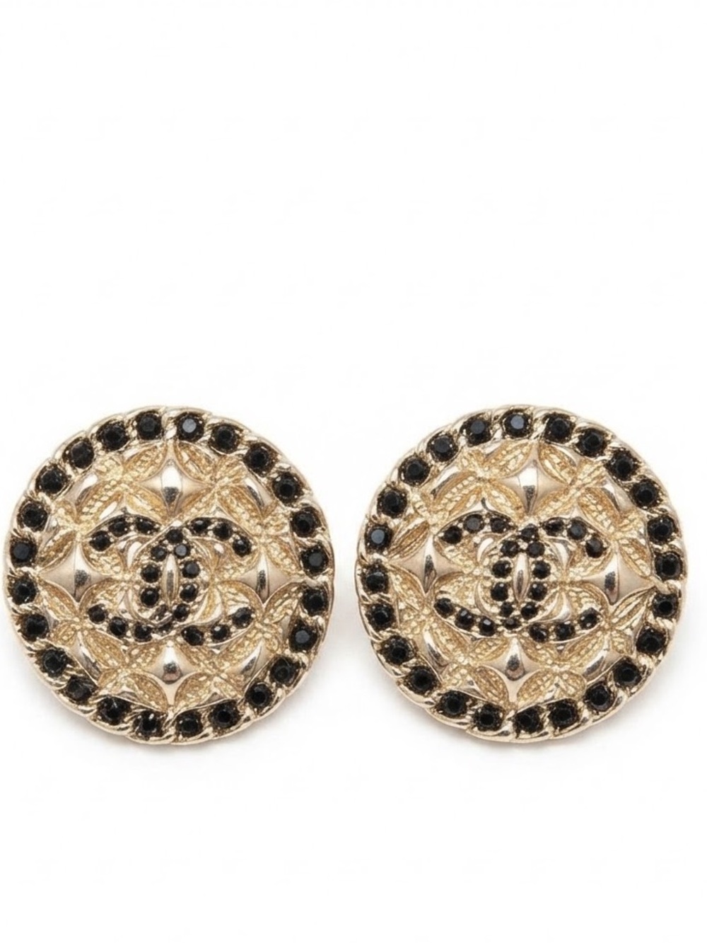 Gold-Tone Round Filigree Earrings with Black Stones Interlocking Letter C Square